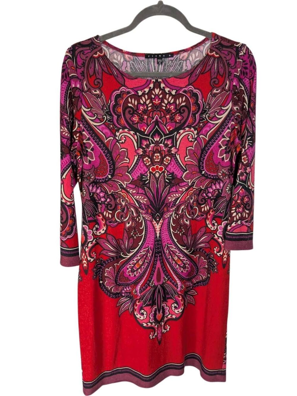 Tiana B Red and Pink Patterned Mini dress Paisley and Medallion Motif with three